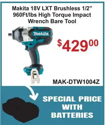 Atlas Tools & Machinery Makita 18V LXT Brushless 1/2 960Ft/lbs High Torque Impact Wrench Bare Tool offer