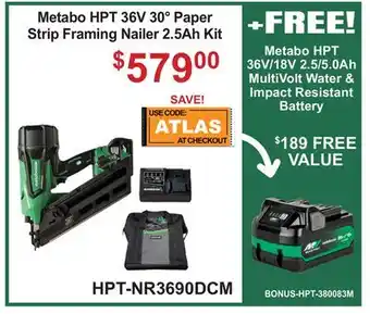 Atlas Tools & Machinery Metabo HPT 36V 30º Paper Strip Framing Nailer 2.5Ah Kit offer