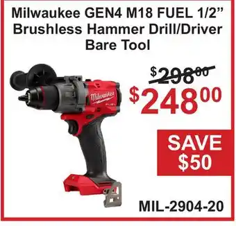 Atlas Tools & Machinery Milwaukee GEN4 M18 FUEL 1/2 Brushless Hammer Drill/Driver Bare Tool offer
