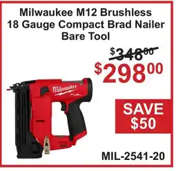 Atlas Tools & Machinery Milwaukee M12 Brushless 18 Gauge Compact Brad Nailer offer