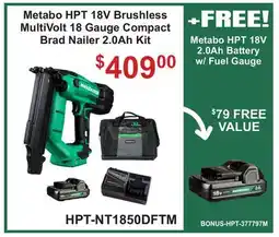 Atlas Tools & Machinery Metabo HPT 18V Brushless MultiVolt 18 Gauge Compact Brad Nailer 2.0Ah Kit offer