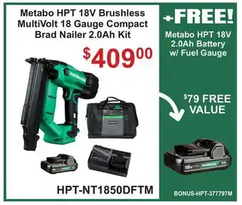 Atlas Tools & Machinery Metabo HPT 18V Brushless MultiVolt 18 Gauge Compact Brad Nailer 2.0Ah Kit offer