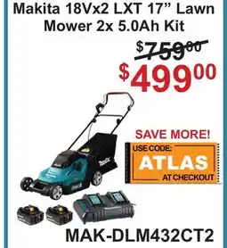 Atlas Tools & Machinery Makita 18Vx2 LXT 17 Lawn Mower 2x 5.0Ah Kit offer