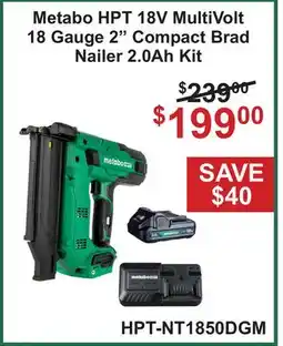 Atlas Tools & Machinery Metabo HPT 18V MultiVolt 18 Gauge 2 Compact Brad Nailer 2.0Ah offer