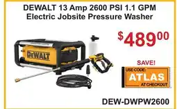 Atlas Tools & Machinery DEWALT 13 Amp 2600 PSI 1.1 GPM Electric Jobsite Pressure Washer offer