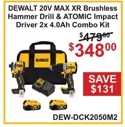 Atlas Tools & Machinery DEWALT 20V MAX XR Brushless Hammer Drill & ATOMIC Impact Driver 2x 4.0Ah Combo Kit offer