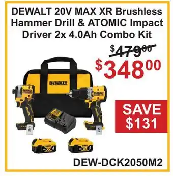 Atlas Tools & Machinery DEWALT 20V MAX XR Brushless Hammer Drill & ATOMIC Impact Driver 2x 4.0Ah Combo Kit offer