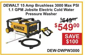 Atlas Tools & Machinery DEWALT 15 Amp Brushless 3000 Max PSI 1.1 GPM Jobsite Electric Cold Water Pressure Washer offer