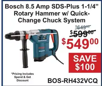Atlas Tools & Machinery Bosch 8.5 Amp SDS-Plus 1-1/4 Rotary Hammer w/Quick-Change Chuck System offer
