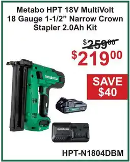 Atlas Tools & Machinery Metabo HPT 18V MultiVolt 18 Gauge 1-1/2 Narrow Crown Stapler 2.0Ah Kit offer