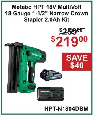 Atlas Tools & Machinery Metabo HPT 18V MultiVolt 18 Gauge 1-1/2 Narrow Crown Stapler 2.0Ah Kit offer