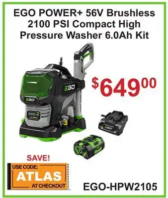 Atlas Tools & Machinery EGO POWER + 56V Brushless 2100 PSI Compact High Pressure Washer 6.0Ah Kit offer
