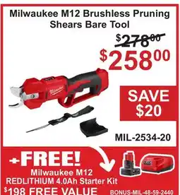 Atlas Tools & Machinery Milwaukee M12 Brushless Pruning Shears Bare Tool offer
