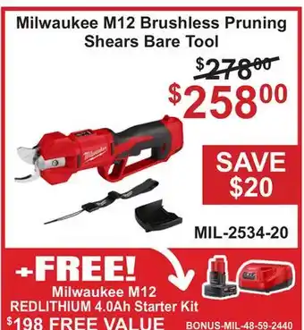 Atlas Tools & Machinery Milwaukee M12 Brushless Pruning Shears Bare Tool offer