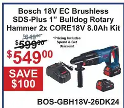 Atlas Tools & Machinery Bosch 18V EC Brushless SDS-Plus 1 Bulldog Rotary Hammer 2x CORE18V 8.0Ah Kit offer
