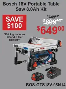 Atlas Tools & Machinery Bosch 18V Portable Table Saw 8.0Ah Kit offer