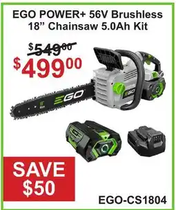 Atlas Tools & Machinery EGO POWER+ 56V Brushless 18 Chainsaw 5.0Ah Kit offer
