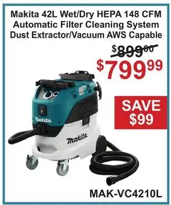 Atlas Tools & Machinery Makita 42L Wet/Dry HEPA 148 CFM Automatic Filter Cleaning System Dust Extractor/Vacuum AWS Capable offer