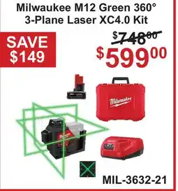 Atlas Tools & Machinery Milwaukee M12 Green 360° 3-Plane Laser XC4.0 Kit offer