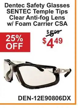 Atlas Tools & Machinery Dentec Safety Glasses SENTEC Temple Tips Clear Anti-fog Lens w/ Foam Carrier CSA offer