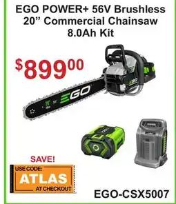 Atlas Tools & Machinery EGO POWER + 56V Brushless 20 Commercial Chainsaw 8.0Ah Kit offer