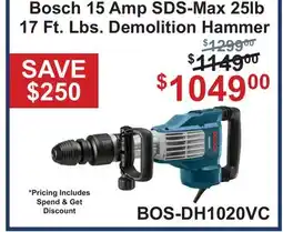 Atlas Tools & Machinery Bosch 15 Amp SDS-Max 25lb 17 Ft. Lbs. Demolition Hammer offer
