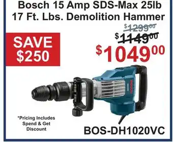 Atlas Tools & Machinery Bosch 15 Amp SDS-Max 25lb 17 Ft. Lbs. Demolition Hammer offer