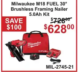 Atlas Tools & Machinery Milwaukee M18 FUEL 30° Brushless Framing Nailer 5.0Ah Kit offer