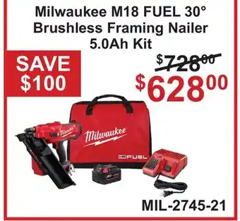 Atlas Tools & Machinery Milwaukee M18 FUEL 30° Brushless Framing Nailer 5.0Ah Kit offer