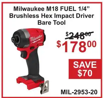 Atlas Tools & Machinery Milwaukee M18 FUEL 1/4 Brushless Hex Impact Driver offer