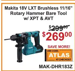 Atlas Tools & Machinery Makita 18V LXT Brushless 11/16 Rotary Hammer Bare Tool w/ XPT & AVT offer