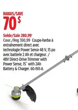 Canadian Tire Yardworks 48V Direct-Drive Trimmer with Power Sense, 15 with 2Ah Battery & Charger offer