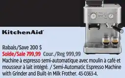 Canadian Tire Kitchen-aid Semi-Automatic Espresso Machine with Grinder and Built-In Milk Frother offer