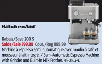 Canadian Tire Kitchen-aid Semi-Automatic Espresso Machine with Grinder and Built-In Milk Frother offer
