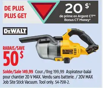 Canadian Tire DEWALT 20V MAX Job Site Stick Vacuum. Tool only offer
