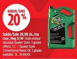 Canadian Tire Quaker State Conventional Motor Oil. 3 grades offer