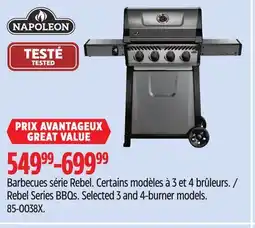 Canadian Tire Napoleon Rebel Series BBQs. Selected 3 and 4-burner models offer
