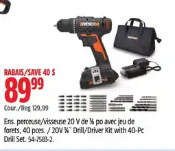 Canadian Tire Worx 20V 3⁄8˝ Drill/Driver Kit with 40-Pc Drill Set offer