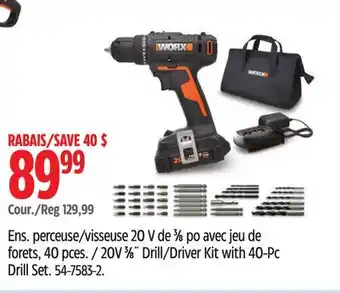 Canadian Tire Worx 20V 3⁄8˝ Drill/Driver Kit with 40-Pc Drill Set offer