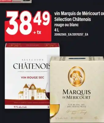 Maxi VIN MARQUIS DE MÉRICOURT OU SÉLECTION CHÂTENOIS ROUGE OU BLANC, 4 L offer