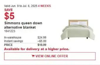 Costco Simmons Queen Down Alternative Blanket offer