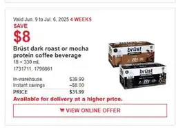 Costco Brüst dark roast or mocha protein coffee beverage offer