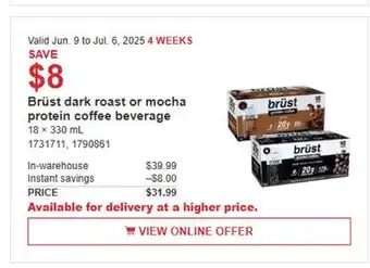 Costco Brüst dark roast or mocha protein coffee beverage offer
