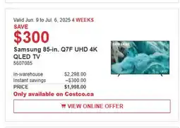 Costco Samsung 85-in. Q7F UHD 4K QLED TV offer