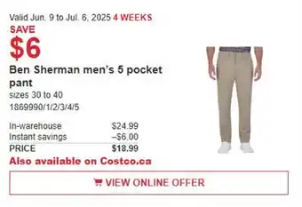 Costco Ben Sherman men's 5 pocket pant offer