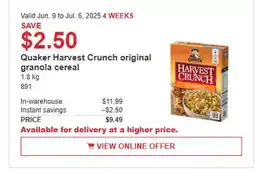 Costco Quaker Harvest Crunch original granola cereal offer
