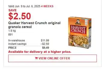 Costco Quaker Harvest Crunch original granola cereal offer