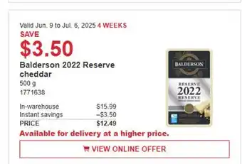 Costco Balderson 2022 Reserve cheddar offer