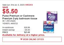 Costco Purex Premium or Cashmere Premium-ply bathroom tissue offer