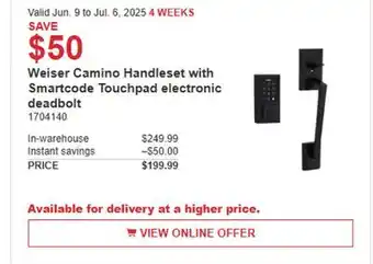 Costco Weiser Camino Handleset with Smartcode Touchpad electronic deadbolt offer